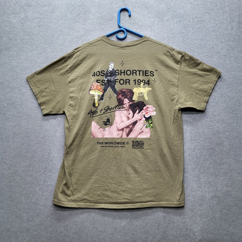 40s & Shorties Men Shirt XL Olive Green Graphic Collage Print Streetwear Short